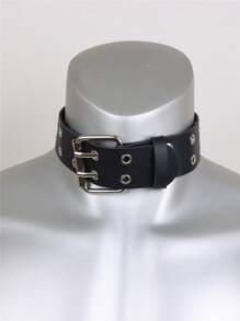 Black Punk Street Personalized Fashion Necklace With Double Pin Buckle Halloween Baddie Outfits Night Out Collar - Black - View 3