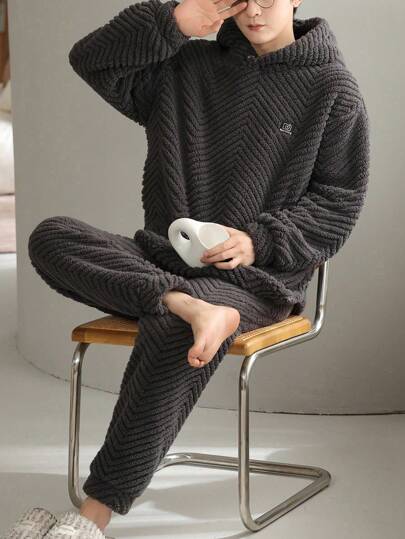 AICJ 2pcs Men's Thermal Lined Solid Color Hooded Top & Pants Fluffy Loungewear Set, Warm And Comfortable New Year Gift, Casual Loose Long Sleeve Top And Pants, Fall Winter Clothes, Cozy