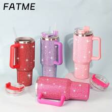40 Oz Rhinestone Stainless Steel Tumbler With Lid And Straw - Multipurpose Insulated Travel Mug For Hot And Cold Drinks - Durable Diamond Flag Series, Hand Wash Only, Reusable, No Electricity Needed - 玫紅色 - 查看 3