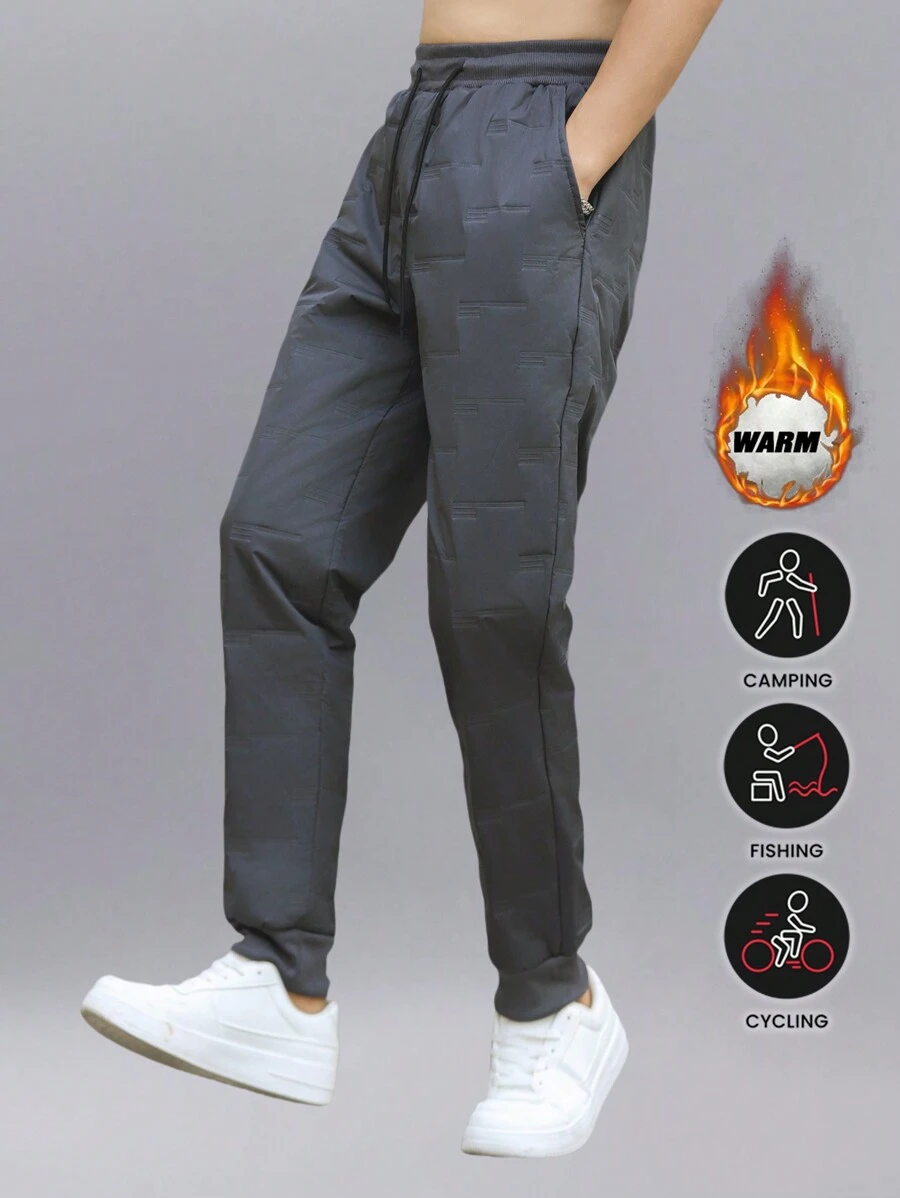 Pantaloni atletici pentru bărbați cu model în relief aleatoriu în stilul iubitului, pantaloni sport țesuți casual pentru baschet, pantaloni de fitness cu picioare drepte, îmbrăcăminte caldă de lounge căptușită termic