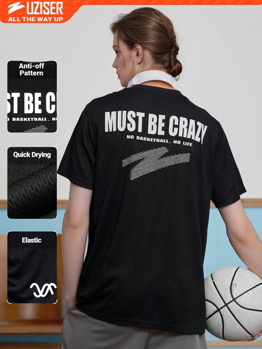 UZISER 女士宽松圆领速干 T 恤休闲短袖带口号印花适合运动健身 - 黑色 - 查看 1
