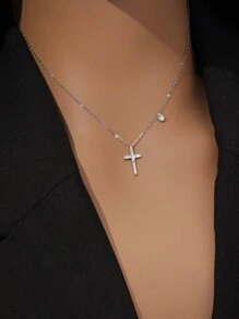 ELSEDES 1 chiếc vòng cổ thánh giá bạc Sterling S925 thời trang tối giản có đá quý, phong cách cổ điển phù hợp cho phụ nữ đeo hàng ngày - Bạc - Xem 2