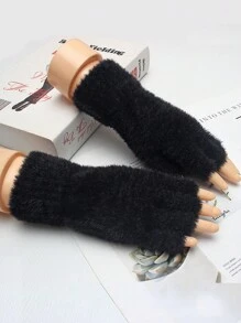 1 par de guantes sin dedos mullidos de unicolor para mujer, calentadores de muñeca de punto, adecuados para el calor diario de invierno en deportes al aire libre