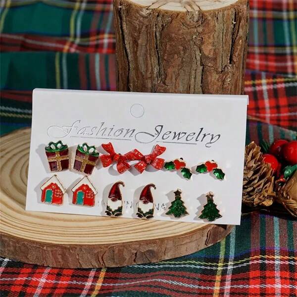 1 Set de 6 pares/12 piezas de Elegantes, Delicados y Glamorosos Calcetines con Tema Navideño en Colores Rojo, Verde y Blanco en Contraste, con Motivos de Papá Noel, Muñeco de Nieve, Copos de Nieve, Campanas, Regalos del Árbol de Navidad, Fuegos Artificiales, Renos, Bastón de Caramelo, Lazo, Set de Aretes decorativos para Fiestas y Navidad