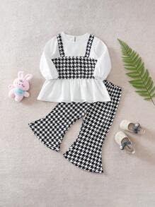 Baby Girls Long Sleeve Houndstooth Pattern 2 In 1 Flared Pants Set, Suitable For Spring And Autumn - White - View 1