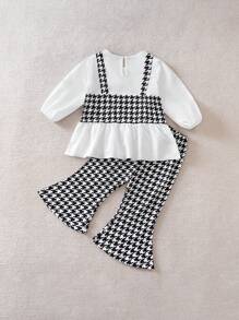 Baby Girls Long Sleeve Houndstooth Pattern 2 In 1 Flared Pants Set, Suitable For Spring And Autumn - White - View 2