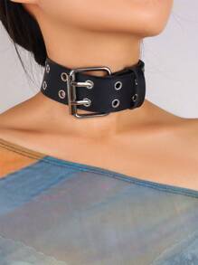 Black Punk Street Personalized Fashion Necklace With Double Pin Buckle Halloween Baddie Outfits Night Out Collar - Black - View 6