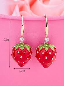 1pair Women's Lovely & Elegant 3d Strawberry & Rhinestone Inlaid Hook Earrings - Multicolor - View 3