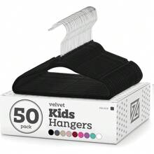 Velvet Kids Hangers For Closet - Pack Of 50 Non Slip Childrens Hangers For Shirts, Pants & Dresses W/Swivel Hook - Durable Clothes Hanger W/Notches - Small Hangers - Black - 黑色 - 查看 1