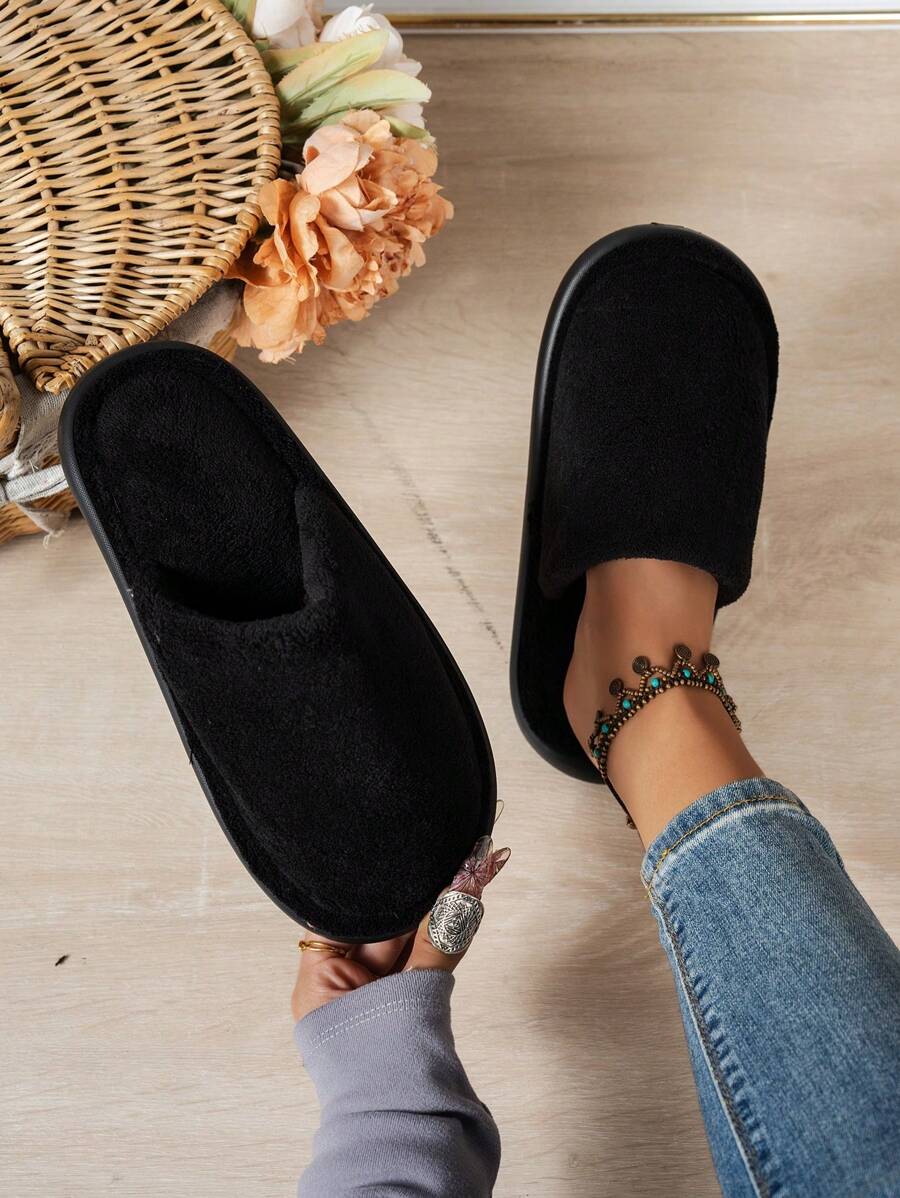 女士毛绒不掉毛软底拖鞋，舒适保暖透气，可水洗，纯色闭趾拖鞋，家居拖鞋，2.5毫米厚平底，简约设计，适合女性和学生，适合居家、卧室、庭院、办公室、秋冬季节的替换或户外穿着，黑色 - 黑色 - 查看 1