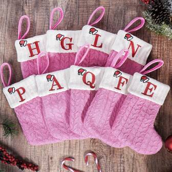 1PC Christmas Pink Alphabet Knitted Stocking Alphabet Initials Hanging Christmas Stocking For Home Christmas Tree Decoration 3d Pendant Gift Bag Knitted Letter Christmas Socks Ornaments