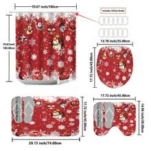 4pcs Christmas Decoration Ball, Snowflake & Red Print Shower Curtain Set, Waterproof Bathroom Divider Curtain, Non-Slip Floor Mat Carpet, Toilet U-Shaped Mat, Toilet Lid Cover, Holiday Home Bathroom Accessories Curtain Set Home Bathroom Decor Summer