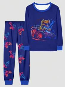 2pcs Tween Boys' Dinosaur Racing Long Sleeve Top And Pants Sleepwear Set - Multicolor - View 1