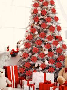 1/10/20 件闪光一品红花（带夹子）圣诞装饰，闪亮一品红圣诞饰品，圣诞树花装饰，DIY 圣诞花环，节日派对装饰 - 紅金 - 查看 8