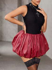 TSUTAYA Colorblock PU Leather Sleeveless Mini Bubble Hem Party Clubwear Dress - Red and Black - View 5