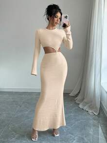 Vestido longo justo com decote redondo e cintura reveladora, cor sólida, manga comprida, bainha sereia, elegante, elegante, para festa, casual, simples, para mulheres, para encontros, outono e inverno - Damasco - Ver 6