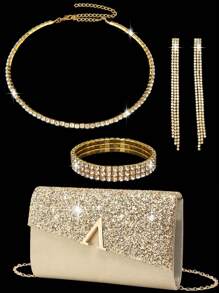 4件套女士水钻耳环、项链、手链及吊坠首饰套装，搭配优雅V形金属装饰手拿包，适合女士舞会、婚礼及派对等场合，可用作单肩包、钱包、手提包、婚包、晚宴包，多功能鸡尾酒会、婚礼新款钱包、宴会包 - 金色 - 查看 2