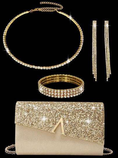 4pcs Women's Rhinestone Earrings, Necklace, Bracelet & Pendant Jewelry Set, Elegant V-Shaped Metal Decor Clutch Bag, Suitable For Ladies' Ball, Wedding & Party, Can Be Used As Shoulder Bag, Wallet, Handbag, Wedding Bag, Evening Bag, Multifunctional Cocktail Party, Wedding New Wallet, Banquet Bag