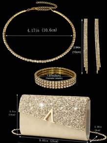 4件套女士水钻耳环、项链、手链及吊坠首饰套装，搭配优雅V形金属装饰手拿包，适合女士舞会、婚礼及派对等场合，可用作单肩包、钱包、手提包、婚包、晚宴包，多功能鸡尾酒会、婚礼新款钱包、宴会包 - 金色 - 查看 9