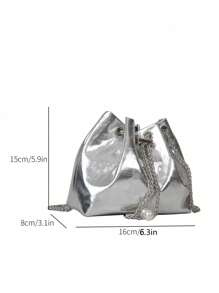 Bucket Bag Metallic Silver Crocodile Embossed Chain PU, Funky, Punk & Bag For Street Wear - Silver - View 8