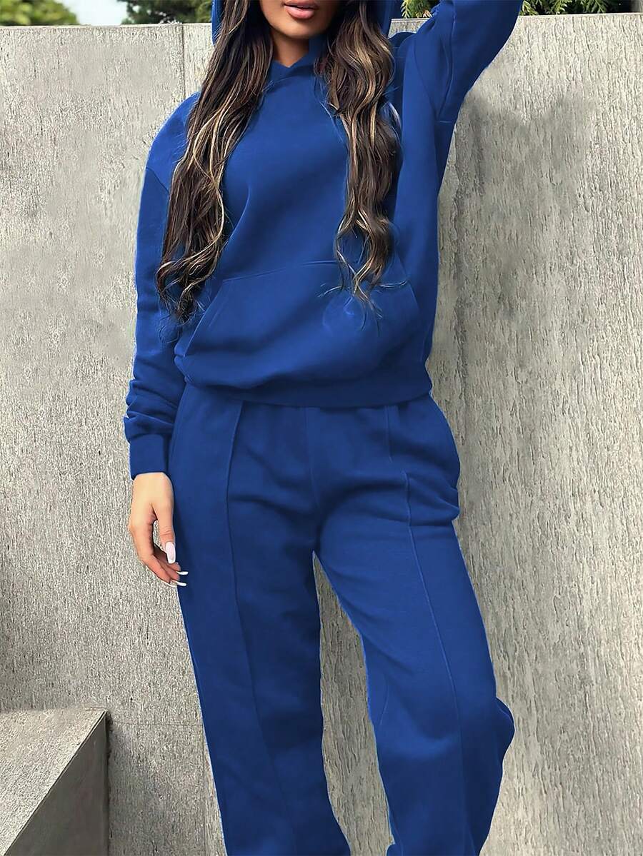 2pcs Set: Plus Size Thermal Lined Fashion Solid Color Hoodie And Relaxed Straight Sweatpants, Suitable For Spring, Autumn & Winter - Royal Blue - View 1