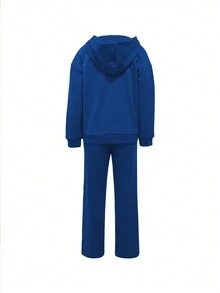 2pcs Set: Plus Size Thermal Lined Fashion Solid Color Hoodie And Relaxed Straight Sweatpants, Suitable For Spring, Autumn & Winter - Royal Blue - View 3