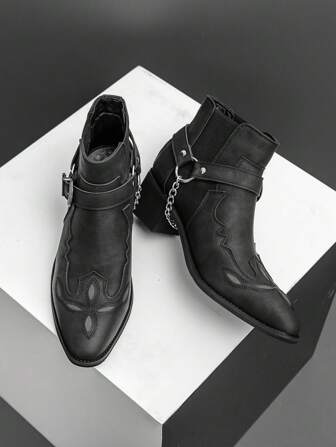 Heren Retro Britse Chelsea Boot Met Kettingdecoratie, Enkellaarsjes