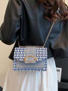 Mini Plaid Pattern Tweed Soft Handbag, With Buckle Decor, Shoulder Square Bag/Chain Crossbody Flap Bag, Suitable For Daily Use - Multicolor - View 7