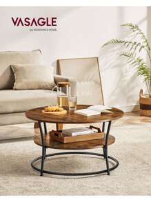 VASAGLE Coffee Table, Round Cocktail Table With Shelf, Tea Table, Easy Assembly, Metal, Industrial Design, Rustic Brown - Brown - View 1