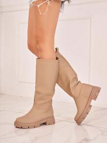 Chunky Mid-Calf Ankle Boots – Minimalist Style And Lug Sole - Apricot - View 3