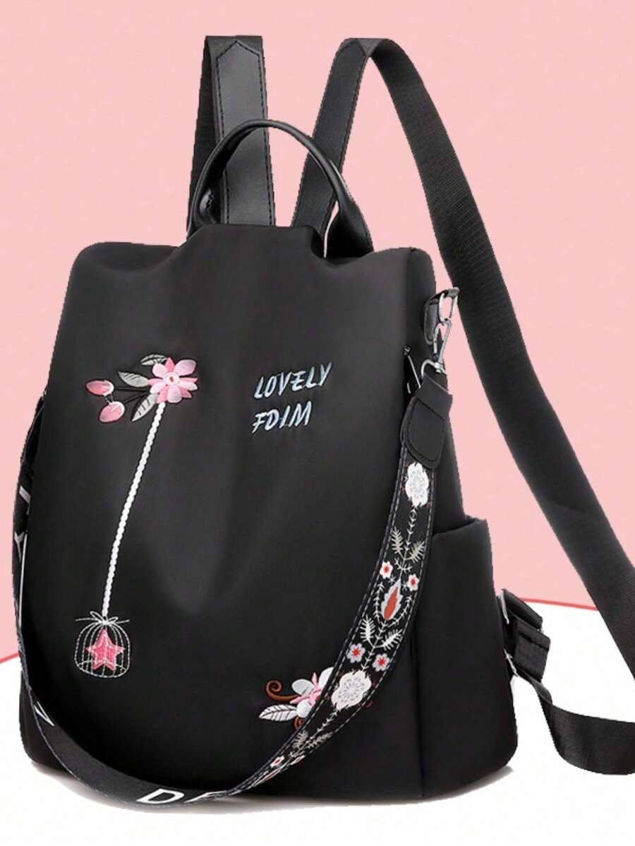 Women Backpack Backpack Bag Waterproof Nylon Embroidery[9944] - Black - View 1