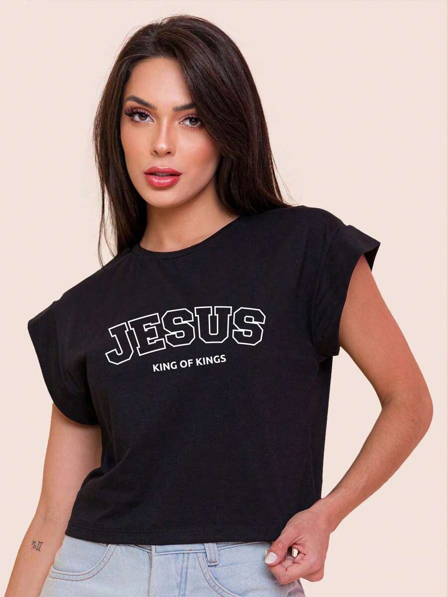 Women's Cropped Top With Jesus King Print - màu đen - Xem 1