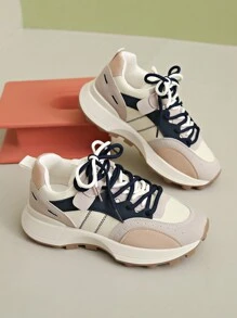 女士圆头系带厚底学生风格休闲舒适跑步鞋 - 藍色 - 查看 2