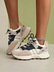 女士圆头系带厚底学生风格休闲舒适跑步鞋 - 藍色 - 查看 5