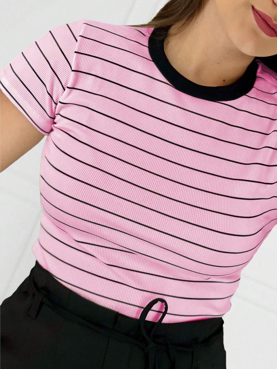 K&K FASHION Ribbed Striped T-Shirt - Rosa Pálido - Ver 1