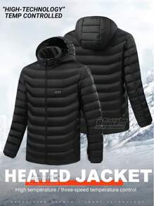 Chaqueta con calefacción para hombres (paquete de baterías no incluido), chaqueta casual con cremallera adecuada para actividades al aire libre de otoño/invierno como camping, caza, senderismo, chaqueta gruesa con cuello alto de forro polar con calefacción para hombres, negra, deportiva - Negro - Ver 2