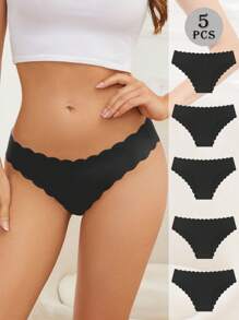 Bộ 5 chiếc quần lót bikini màu trơn gợi cảm, không đường may, viền bèo nhún, thoáng khí, co giãn, thích hợp mặc hàng ngày cho nữ, món đồ lót thiết yếu dành cho phái nữ. - màu đen - Xem 3