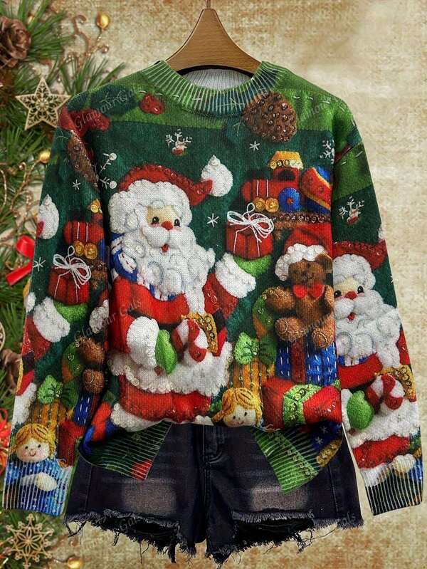 European And American Fashion Santa Claus Gift Print Knit Pullover Top, Casual Round Neck Long Sleeve, Spring/Autumn