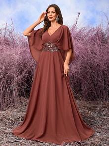 UNITHORSE Vestido de dama de honor de chifón con volantes en el frente, bordado y cuentas en escote en V - Color caoba - Ver 6