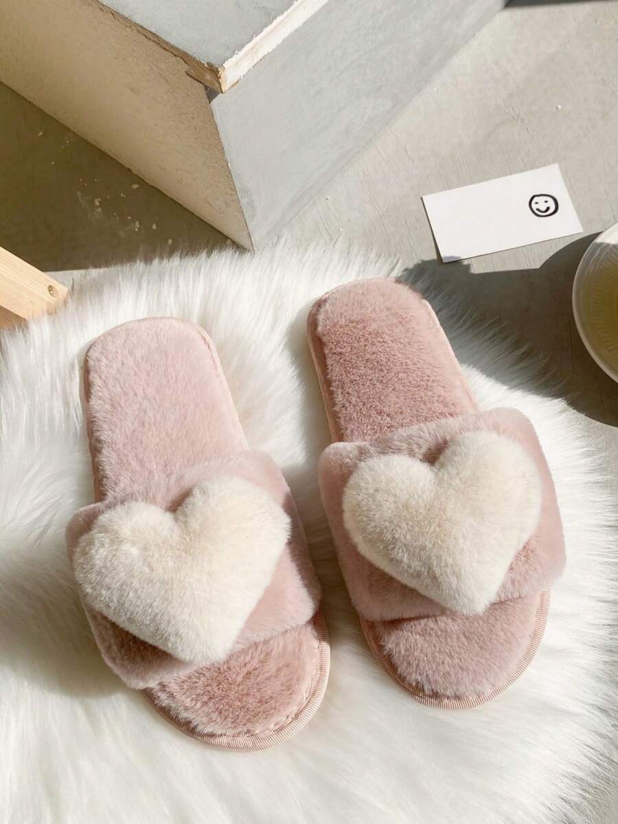 Dép đi trong nhà hình trái tim màu hồng dễ thương, dép đi trong nhà đế mềm thoải mái có lớp lót thêm cho phụ nữ, cỡ lớn, mùa đông - Hồng - Xem 1