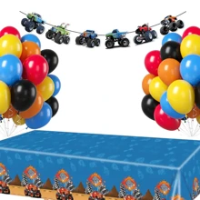 Lebendige Monster Truck Themen Tischdecke, Banner, Monster Truck Dekorationen mit roten, gelben, blauen, orangefarbenen und schwarzen Party-Luftballons für Monster Car Geburtstags-Party, Babyparty, Abschlussfeier Dekorationen - Monster-Truck-Party-Set - Übersicht 1