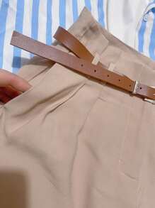 Women's Plain Marrant Shorts With Belt - Khaki - View 4