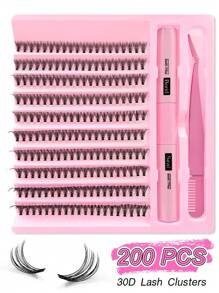 200PCS Dramatic C-Curl 8-16MM Mix DIY Lash Extension Kit Set DIY Bottom Lashes Eyelashes Book Big Volume Soft Individual Cluster Lashes Create A Fluffy Natural Wispy Y2k Butterfly Elements Pink Base Card Look At Home Long Lasting DIY Lashes Glue, DIY Glue Remover, DIY Lashes Tweezers (Bottom Lashes+30D) Lash Clusters Kit, Lashes, Eyelashes, Fake Lashes - Black - View 3