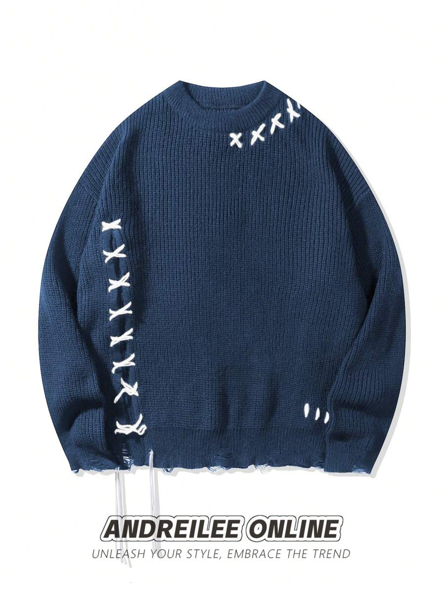 ANDREILEEANDREILEE Men's Street Fashion Design Handmade Lace-Up Hem & Cuff Distressed Fringe Black Minimalist Casual Loose Fit Pullover Knit Sweater, Suitable For Spring, Autumn, Winter - Blue - View 1