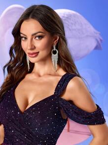 UNITHORSE Váy cổ chữ V không tay có chi tiết xếp nếp ở ngực và trang trí bằng sequin, thanh lịch và duyên dáng cho tiệc khiêu vũ và tiệc tối, váy dạ hội trang trọng, cho khách dự tiệc cưới, tốt nghiệp, tiệc tối - Màu tím - Xem 2