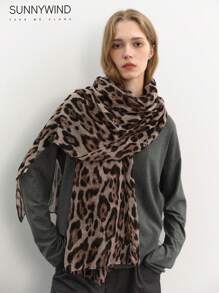 1pc Women's Leopard Print Polyester Large Scarf, Suitable For Daily Use - Khaki - View 4