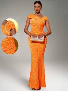 Fuaheng 优雅闪光连衣裙，不对称领口和褶皱细节，正式晚会礼服，适合婚礼嘉宾、毕业典礼、晚宴派对礼服