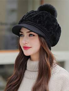 1 件女式纯色字母图案棒球帽，时尚百搭蓬松保暖护耳遮阳帽，带可爱绒球，适合秋冬季日常户外使用 - 彩色 - 查看 11