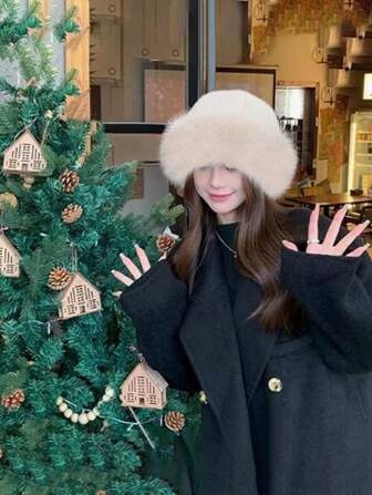 Gorro de invierno de moda para mujer, estilo mongol esponjoso - sombrero de pescador ligero y transpirable de poliéster sin estiramiento, con diseño de piel de visón sintética, acogedor y cálido accesorio de moda