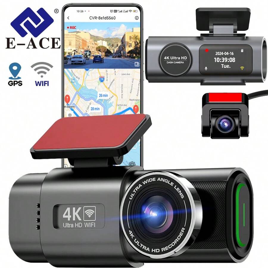 E-ACE 4K Dashcam Mini Camera Recorder GPS Wifi 24H Parkeren Dubbele ...